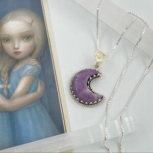 Crescent Moon Purple Lepidolite Worry Stone Sterling Silver Necklace